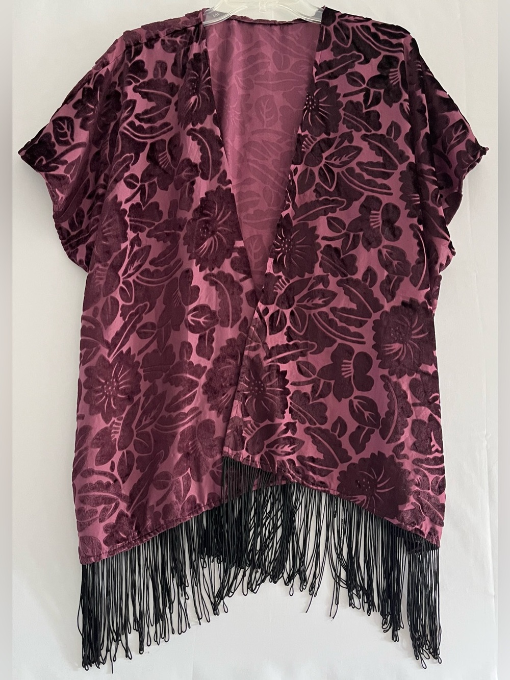 New Look Floral Burnout Velvet Fringe Kimono Cardigan Plum
